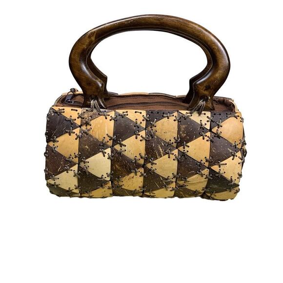 Vintage Handmade Tan & Brown Coconut Shell Barrel Hand Bag - Picture 1 of 12